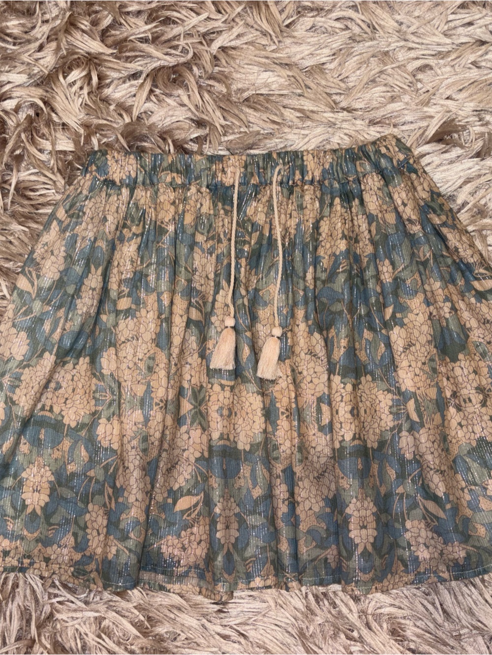 Girls Floral Pleated Skirt with Tassel Waist in Beige and Teal